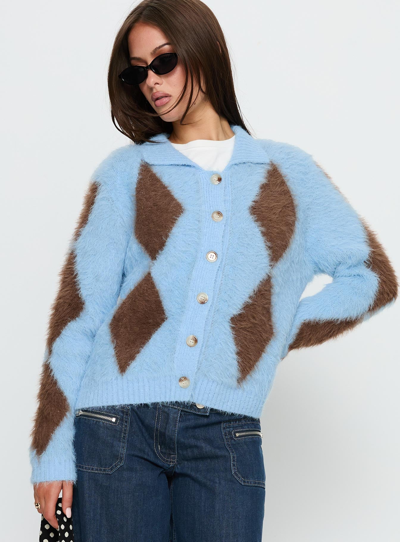 Lynnsey Fluffy Collared Knit Sweater Blue Argyle - Image 2