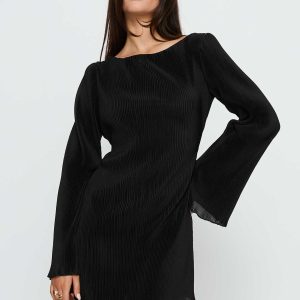 Lukea Long Sleeve Plisse Mini Dress Black