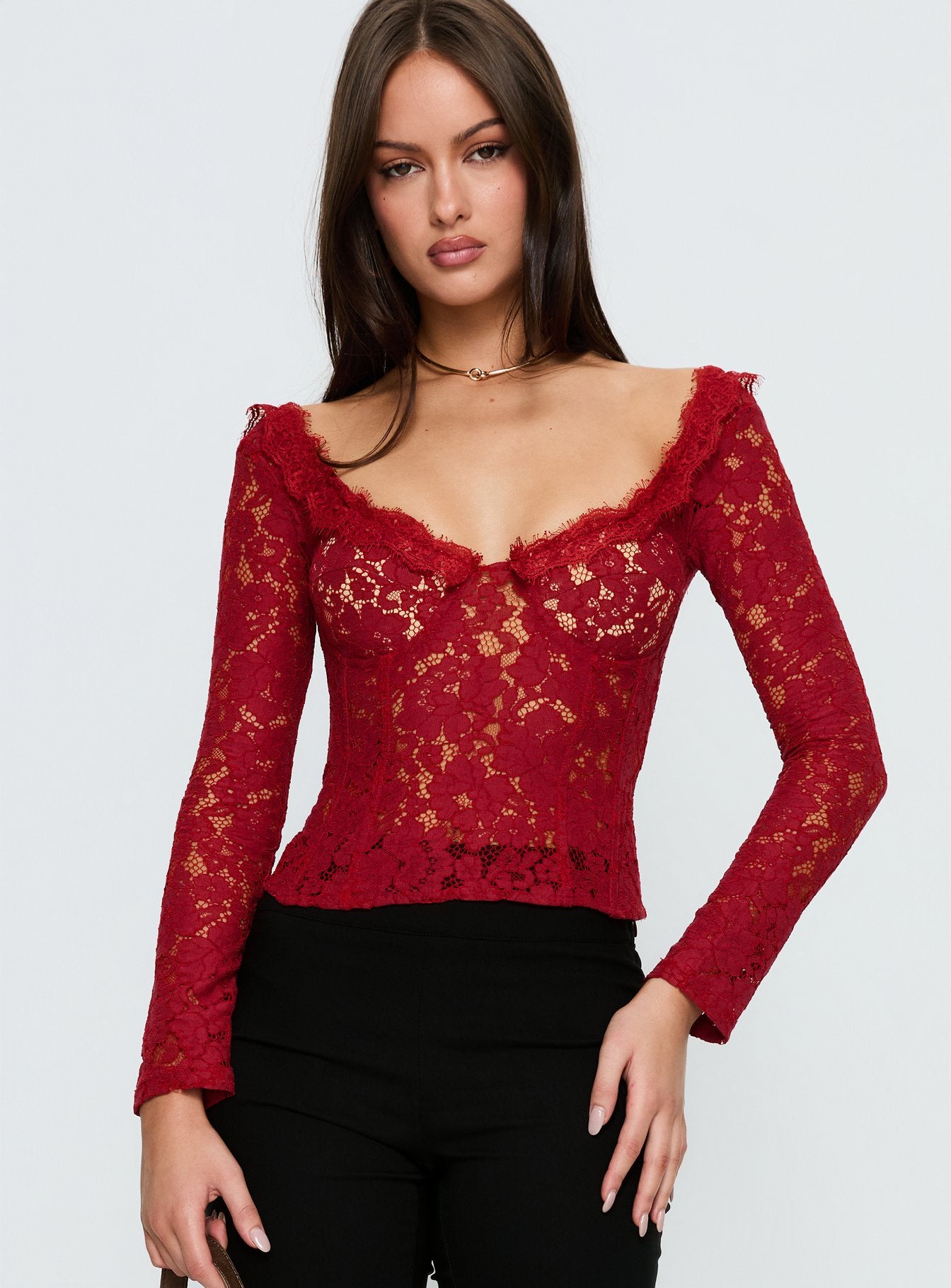 Miquela Long Sleeve Corset Lace Top Red - Image 2