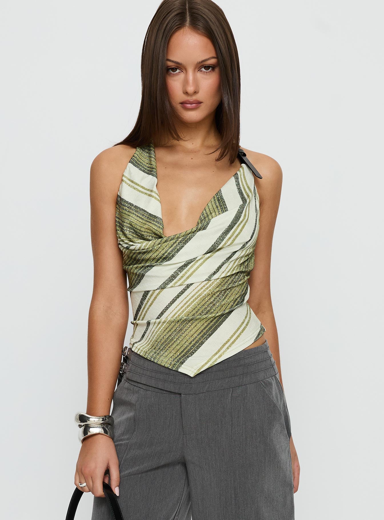 Syrenah Halter Cowl Neck Top Green Stripe - Image 2