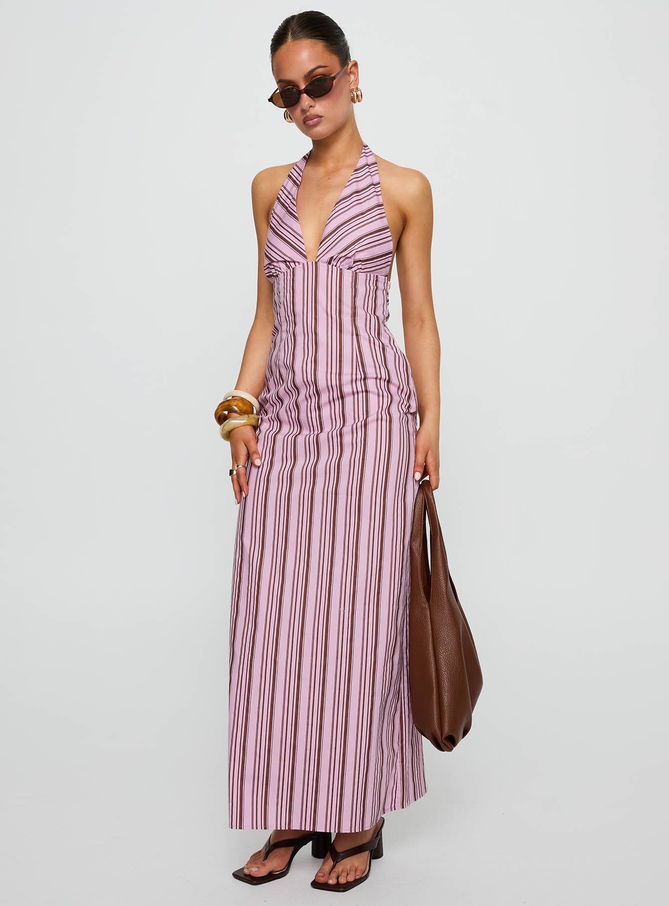 Avrie Halter Maxi Dress Pink / Brown Stripe - Image 2