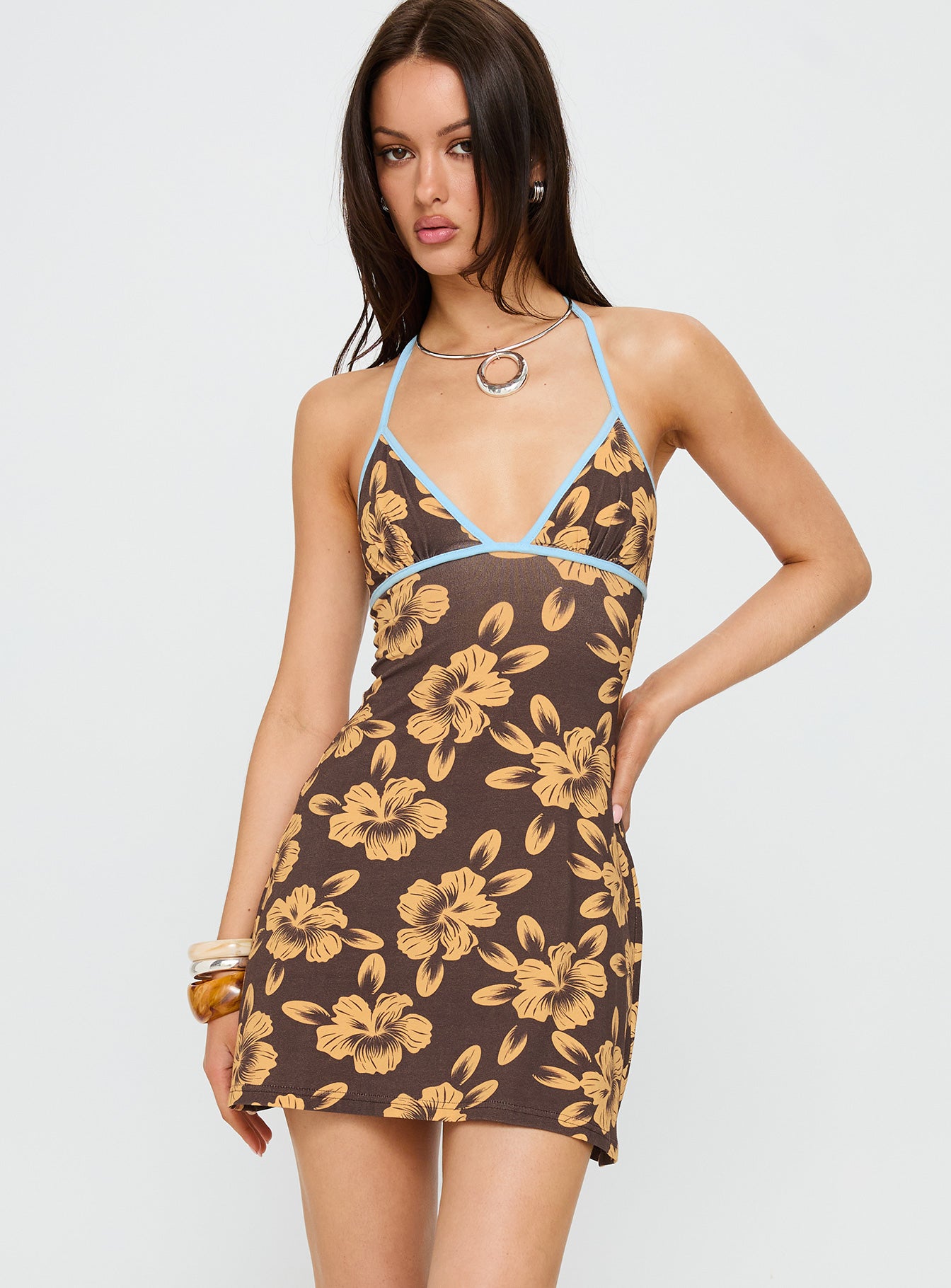 Mishie Halter Mini Dress Brown / Blue Floral - Image 2
