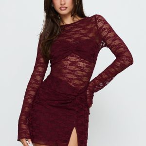 Best You Had Mesh Long Sleeve Mini Dress Burgundy