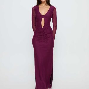 Darkside Long Sleeve Cut Out Plunge Maxi Dress Plum