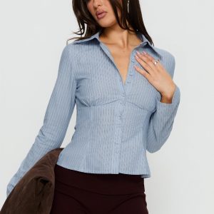 Cottesloe Long Sleeve Blouse Top Blue Stripe
