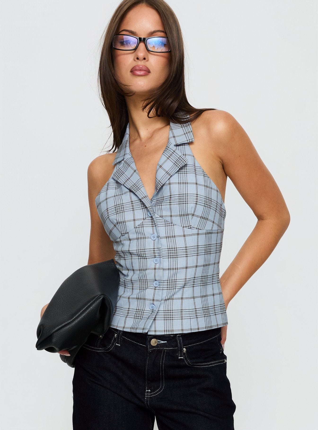 Lure Button Up Sleeveless Top Baby Blue Plaid - Image 2