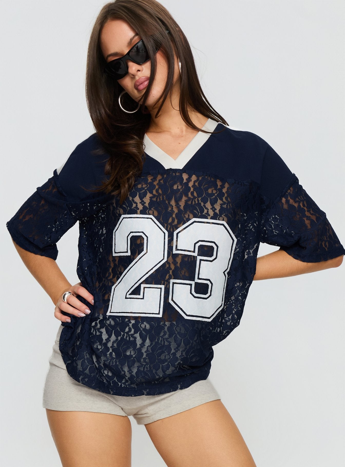 Lucky 23 Lace Jersey Graphic Top Navy - Image 2