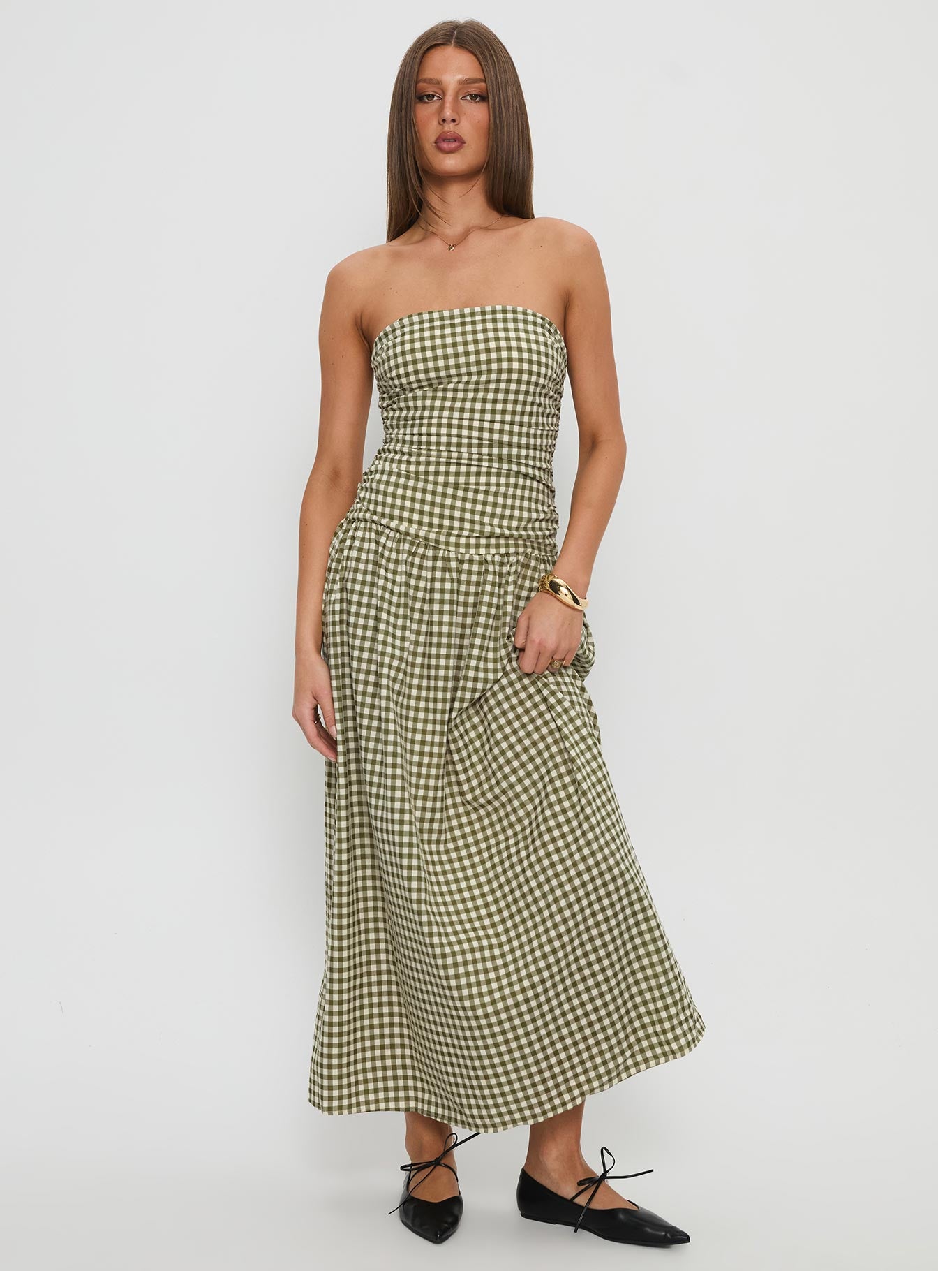 Frankey Strapless Drop Waist Maxi Dress Green Check - Image 2
