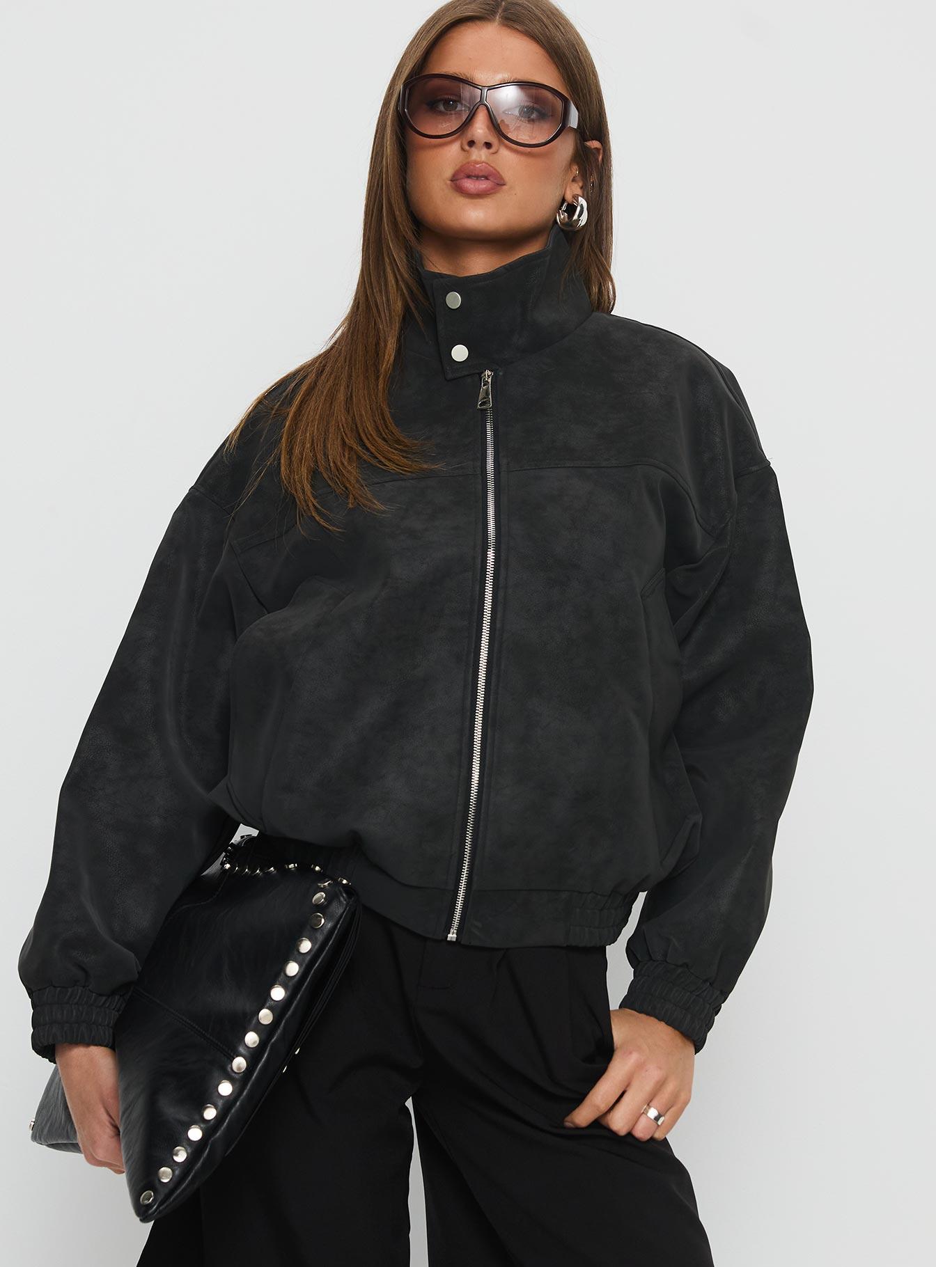 Ellissa Faux Suede Bomber Jacket Black - Image 2