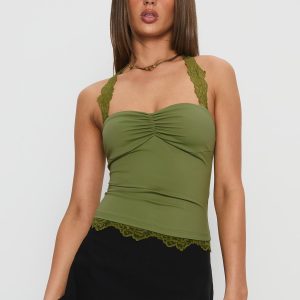 Kenzlee Lace Detail Halter Top Green