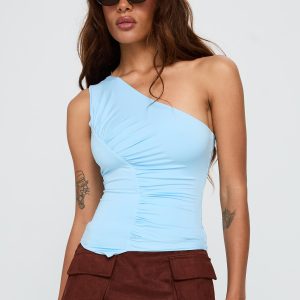 Impulse Ruched One Shoulder Top Blue