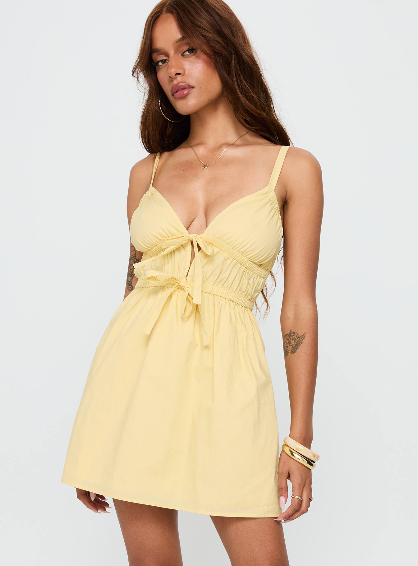 Viviette Ruched Mini Dress Lemon - Image 2