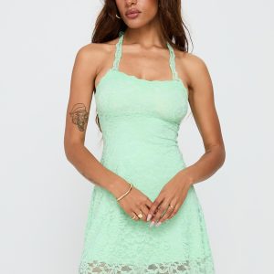 Front Page Halter Lace Mini Dress Aqua