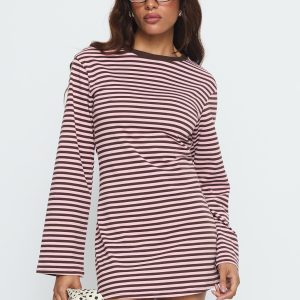 Lulolah Long Sleeve Mini Dress Chocolate / Pink Stripe