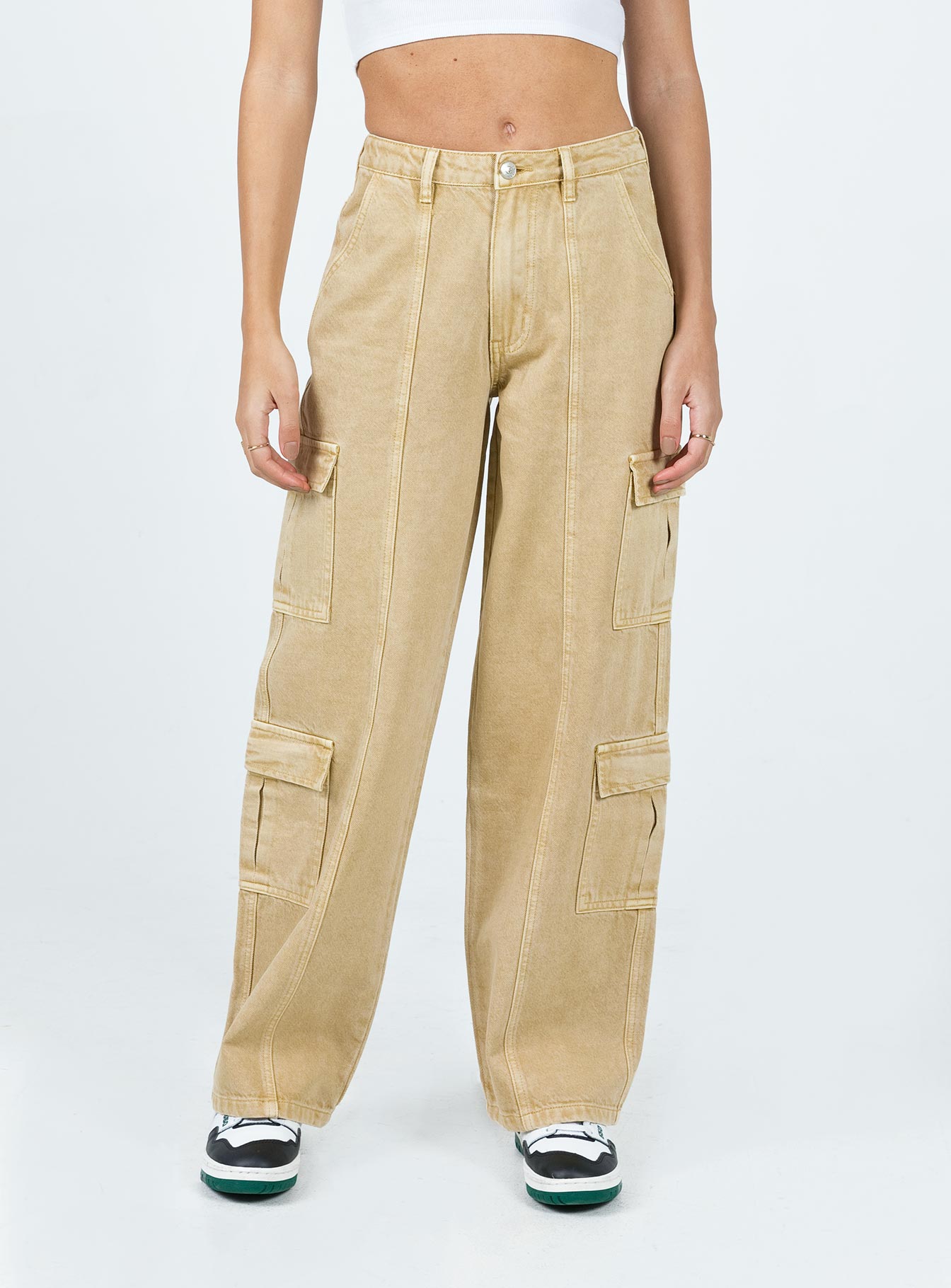 Locksley Mid Rise Baggy Cargo Jeans Beige - Image 2
