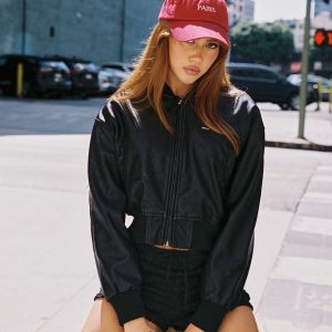 Sweet Disaster Faux Leather Cropped Bomber Jacket Black