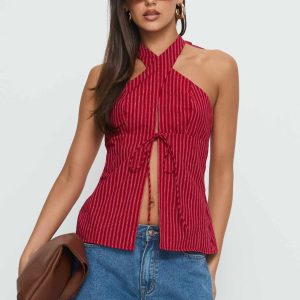 Sensational Cross Front Tie Detail Top Red Stripe