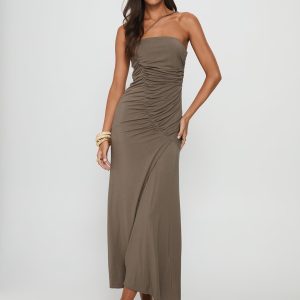 Romanie One Shoulder Ruched Maxi Dress Taupe