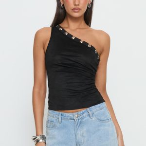 Sophy Studded One Shoulder Top Black