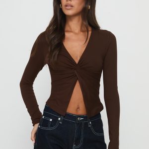 No Hard Feelings Twist Long Sleeve Top Brown