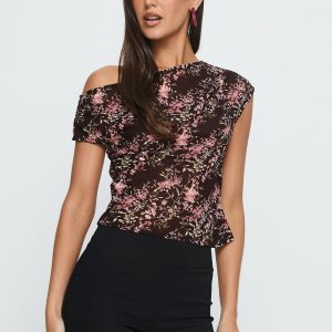 Justyna Sheer Top Off Shoulder Top Brown / Pink Floral