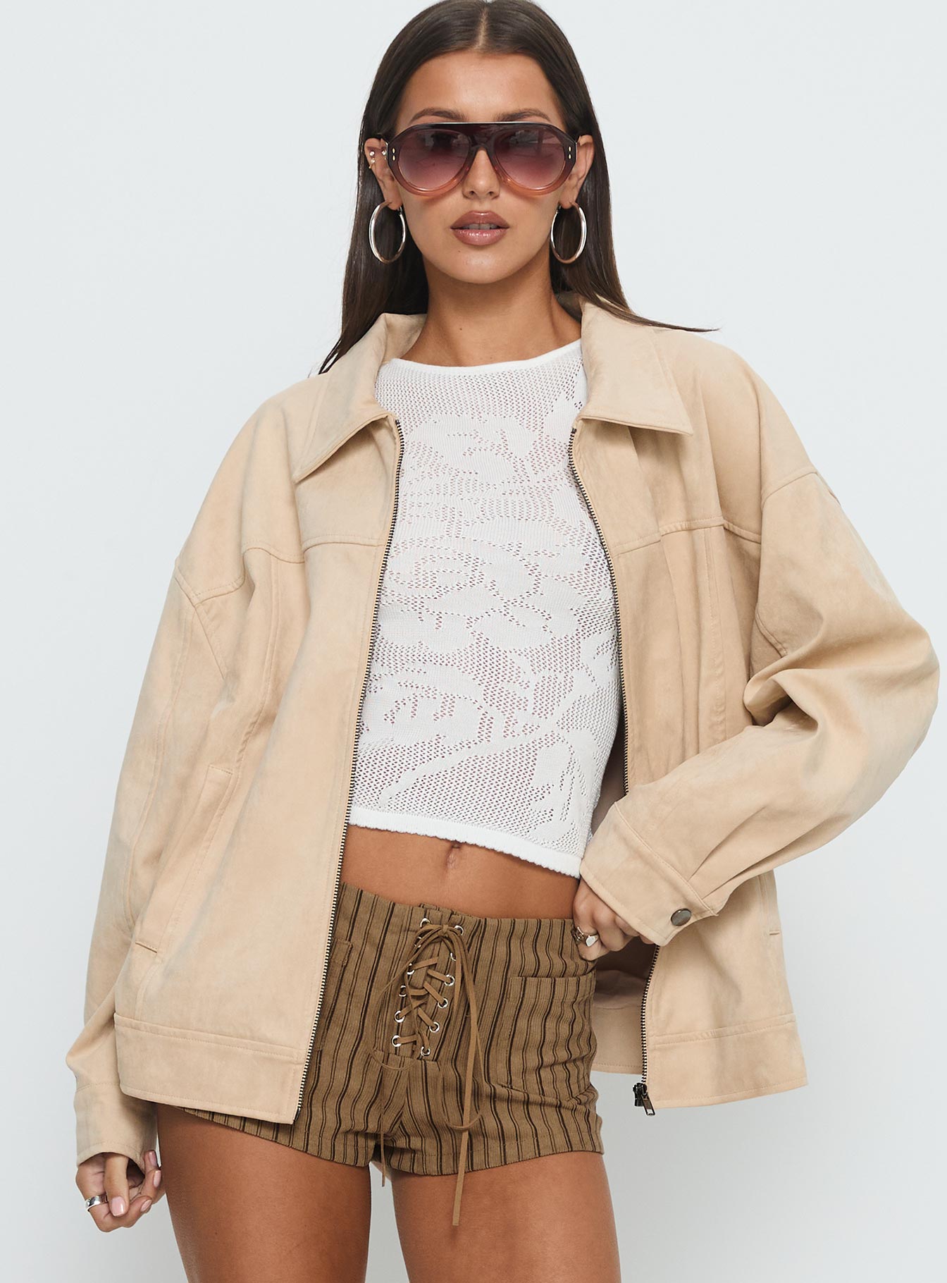Goldsmith Faux Suede Bomber Jacket Beige - Image 2