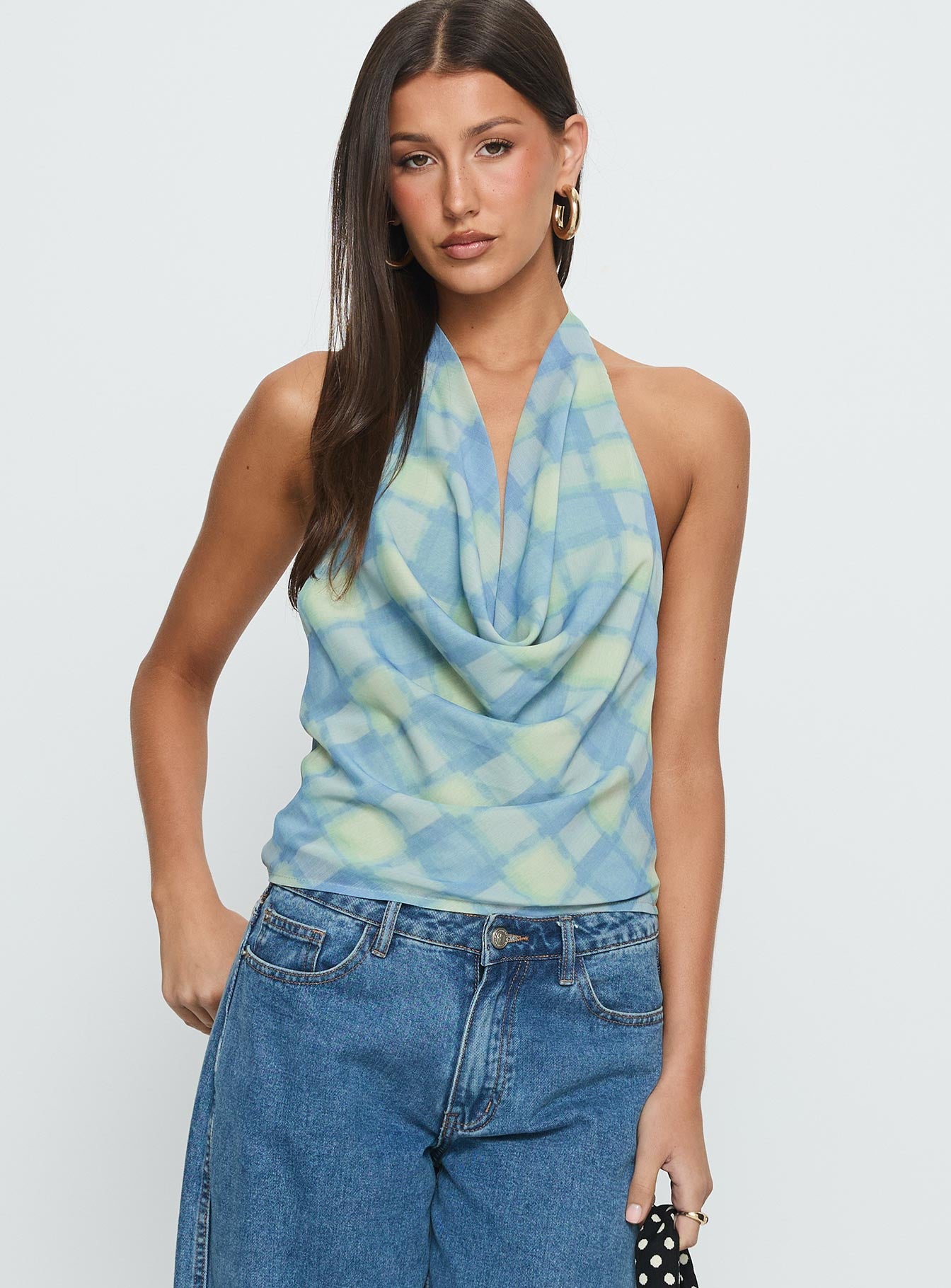 Karelyn Plunge Neck Top Teal Check - Image 2