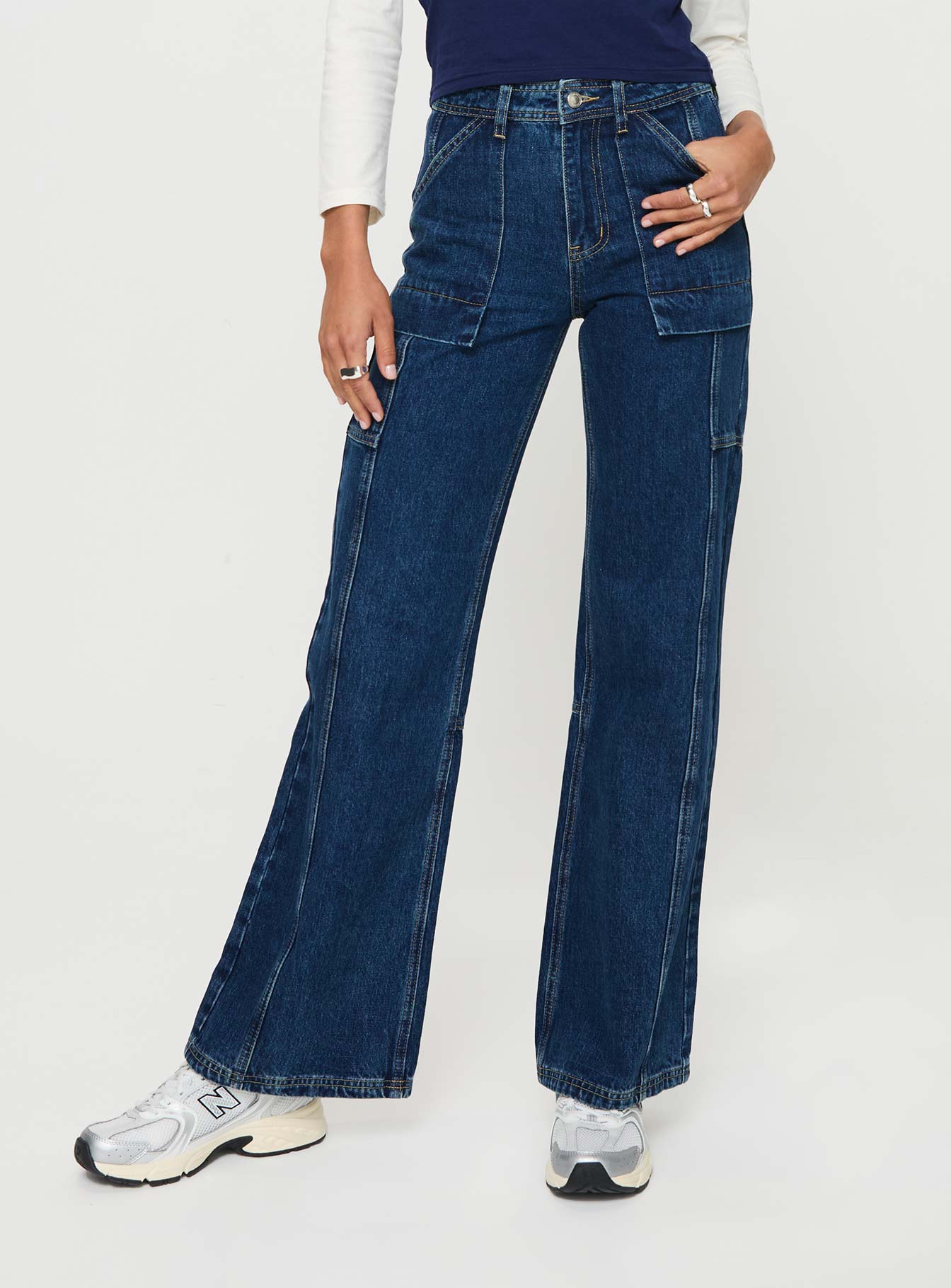 Chad High Rise Wide Leg Cargo Jeans Dark Wash Denim - Image 2