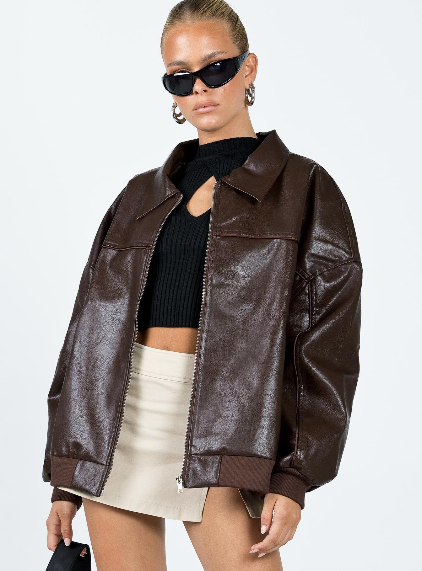 Goldsmith Faux Leather Bomber Jacket Brown - Image 2