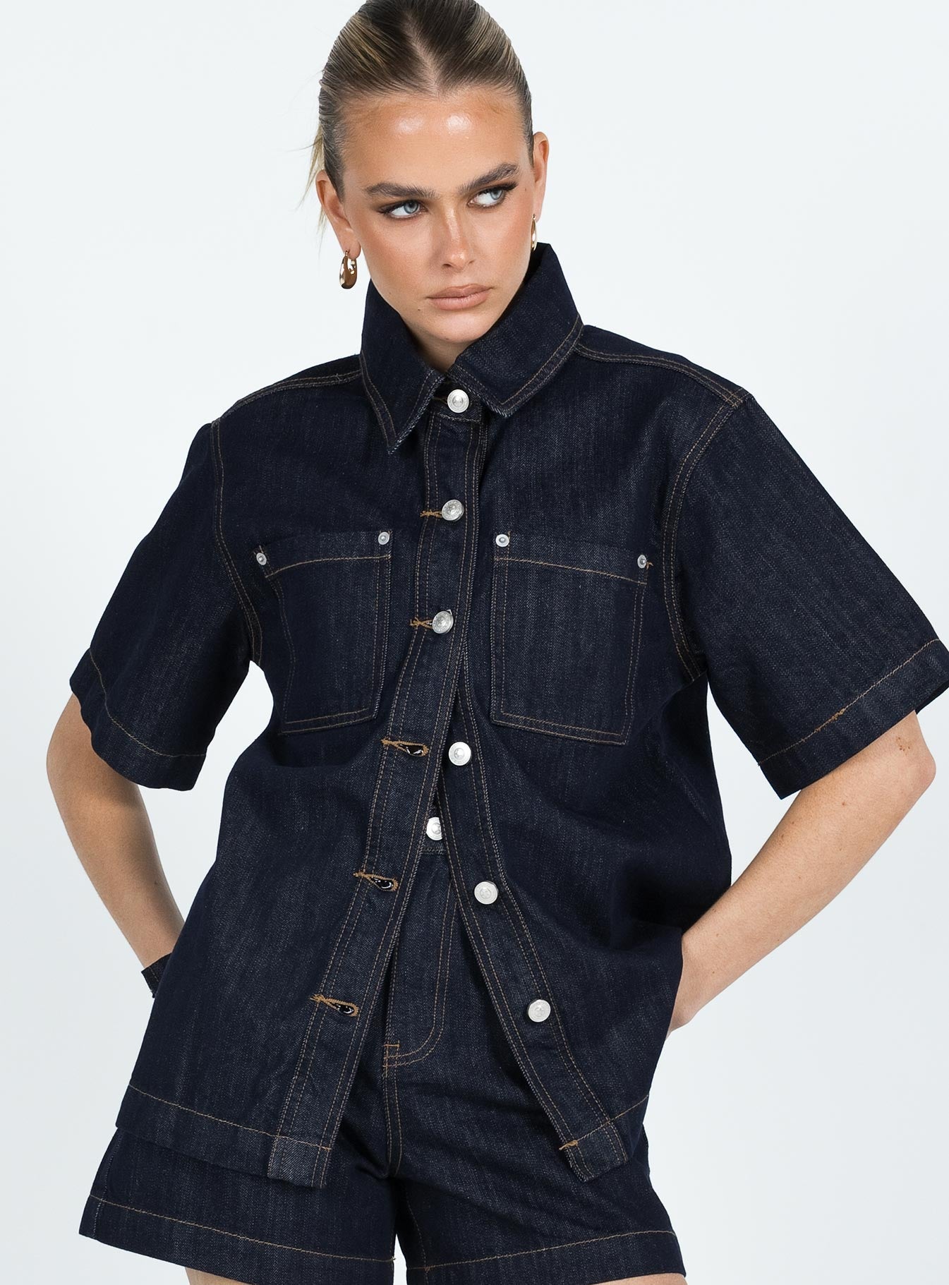 Whitaker Short Sleeve Shacket Dark Denim - Image 2