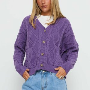 Dillian Cable Knit Cardigan Purple