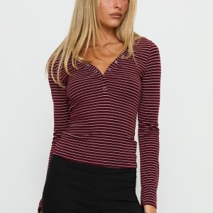 Georgeanna Button Up Long Sleeve Top Burgundy Stripe