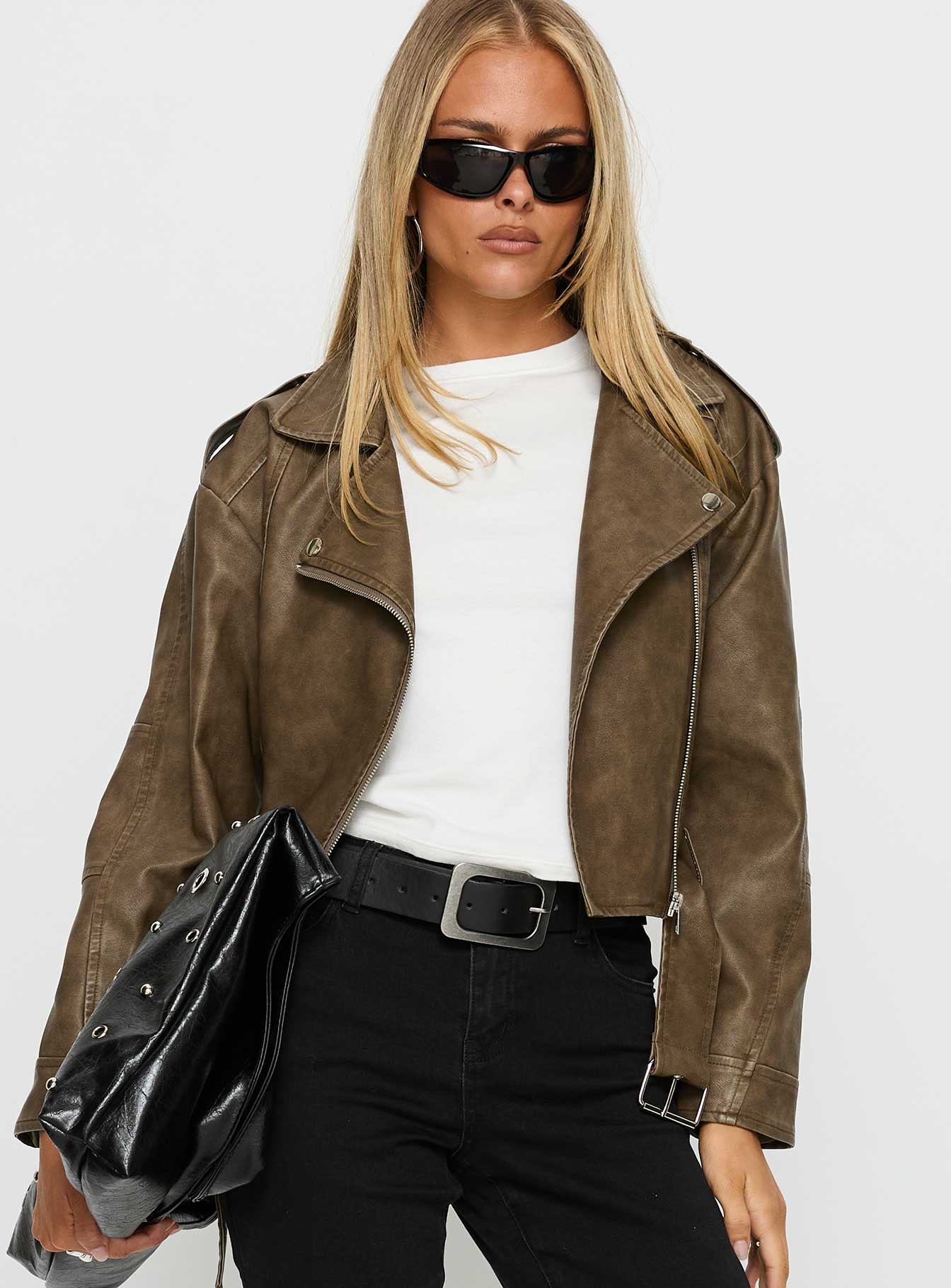 Talisha Faux Leather Biker Jacket Brown - Image 2