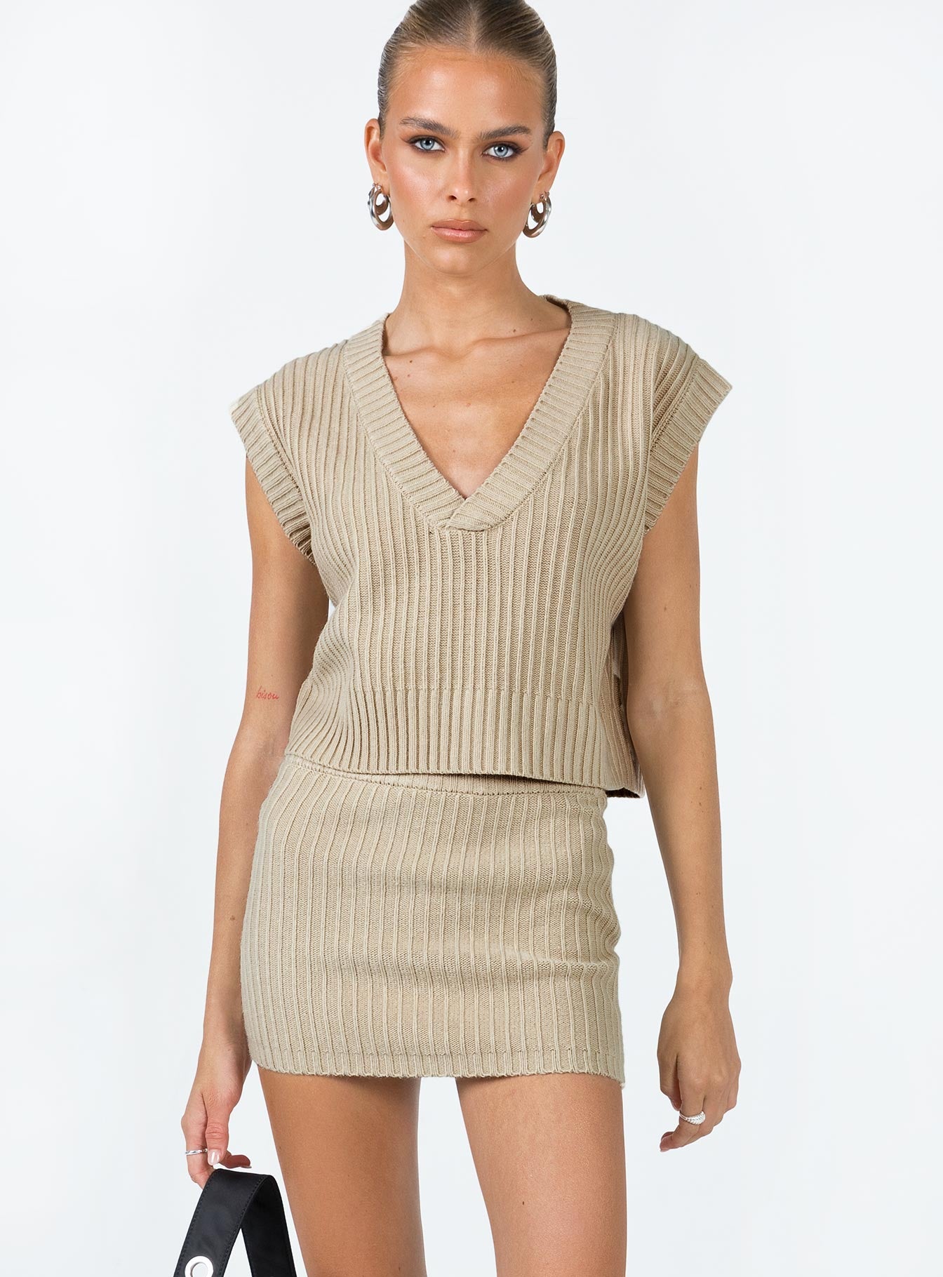 Saddle Knit Mini Skirt Beige - Image 2
