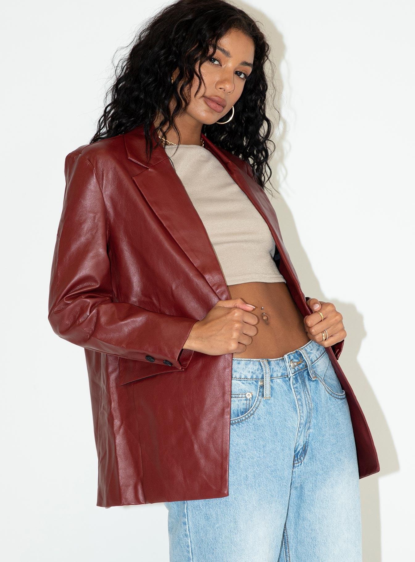 Jocelyn Faux Leather Blazer Burgundy - Image 3