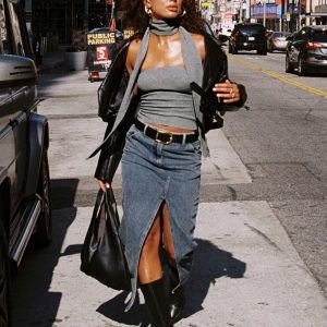 Barbara Split Midi Skirt Faded Denim