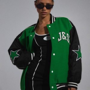JGR & STN Hailey Letterman Bomber Jacket Green/Black