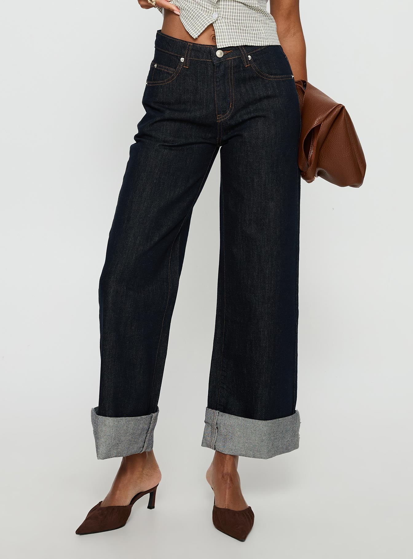 Squire Mid Rise Straight Leg Folded Hem Jeans Indigo Wash - Image 2