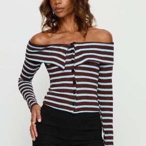 Raelena Off Shoulder Long Sleeve Top Blue / Brown Stripe