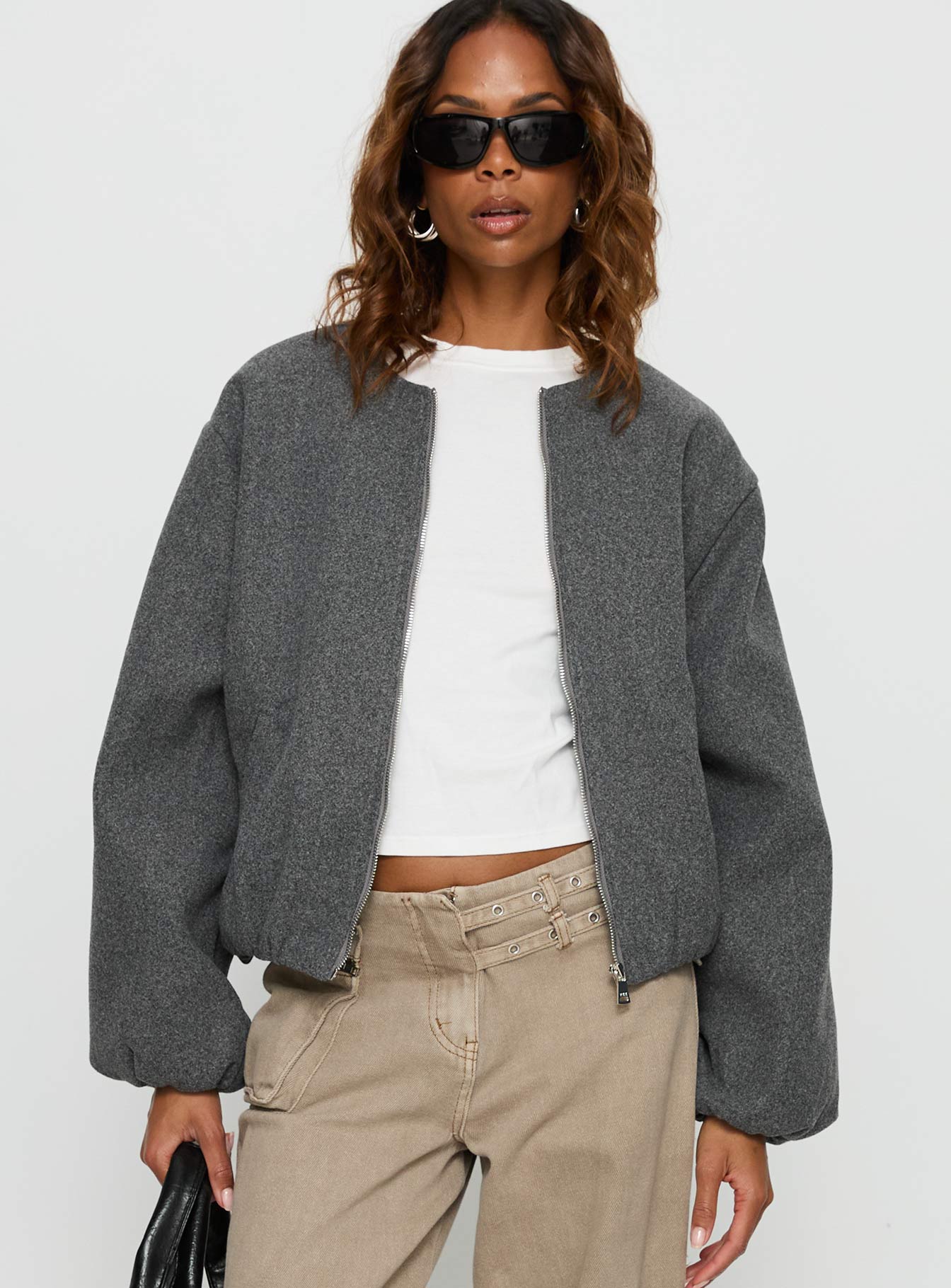 Karletta Cropped Bomber Jacket Grey - Image 2
