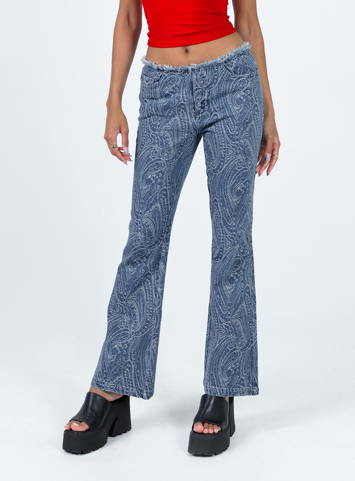 Loweana Low Rise Jacquard Flare Jean Blue Denim - Image 2