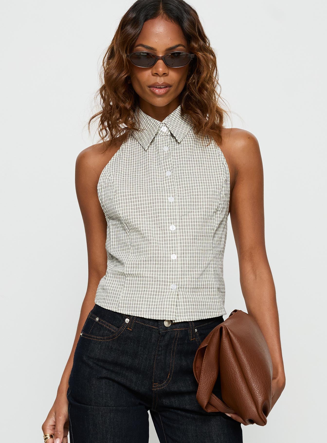 Different Dimensions Sleeveless Collared Top Check - Image 2