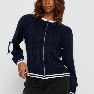Tevyn Cable Knit Zip Through Knit Sweater Blue / Cream
