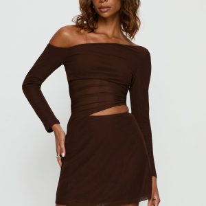 Fade To Black Off Shoulder Long Sleeve Mini Dress Chocolate