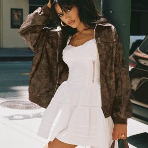 Goldsmith Faux Leather Bomber Jacket Washed Brown