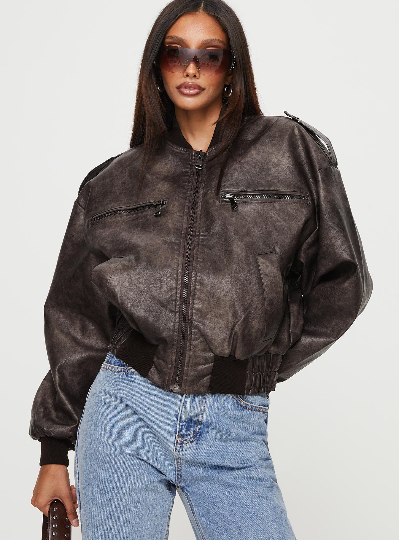 Casey Faux Leather Biker Jacket Chocolate - Image 2