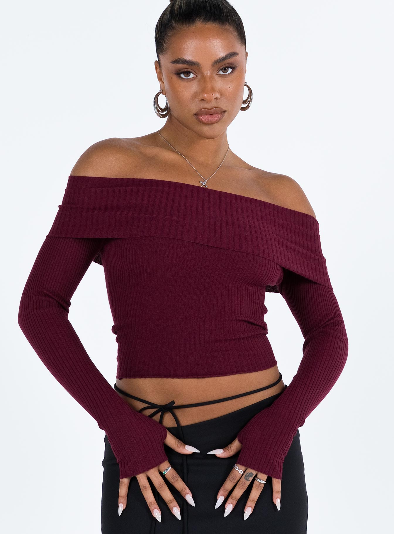 Morley Off Shoulder Sweater Burgundy - Image 3