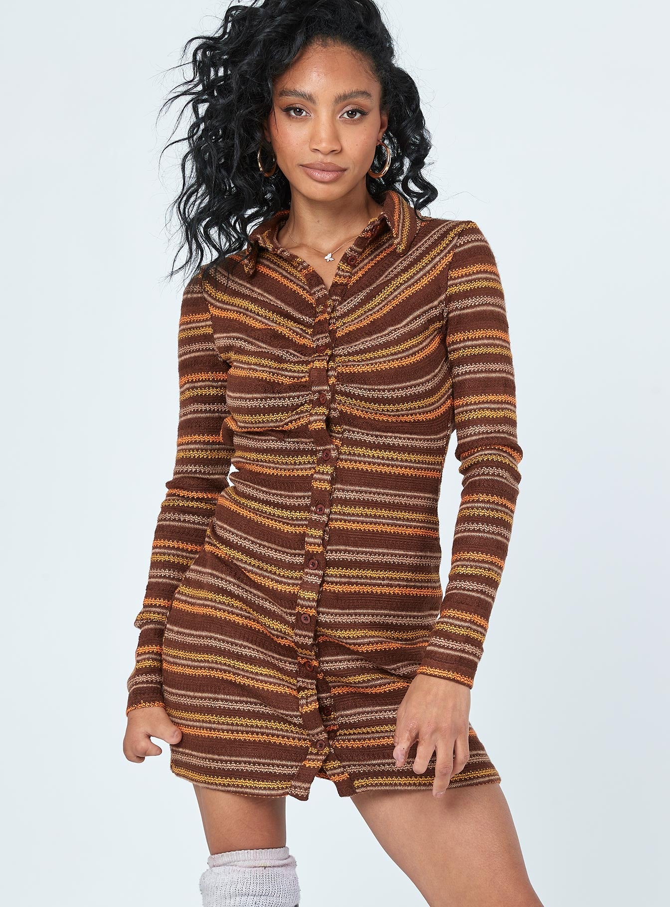 Dalton Long Sleeve Mini Dress Brown Multi - Image 2
