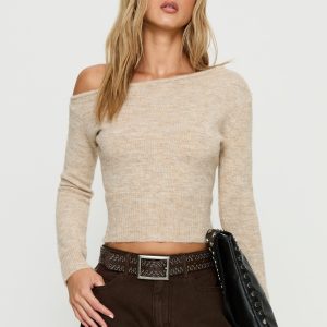 Selbey Fluffy Cinched Waist Off Shoulder Top Cream Marle