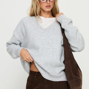 Stay The Night V Neck Knit Sweater Grey Marle